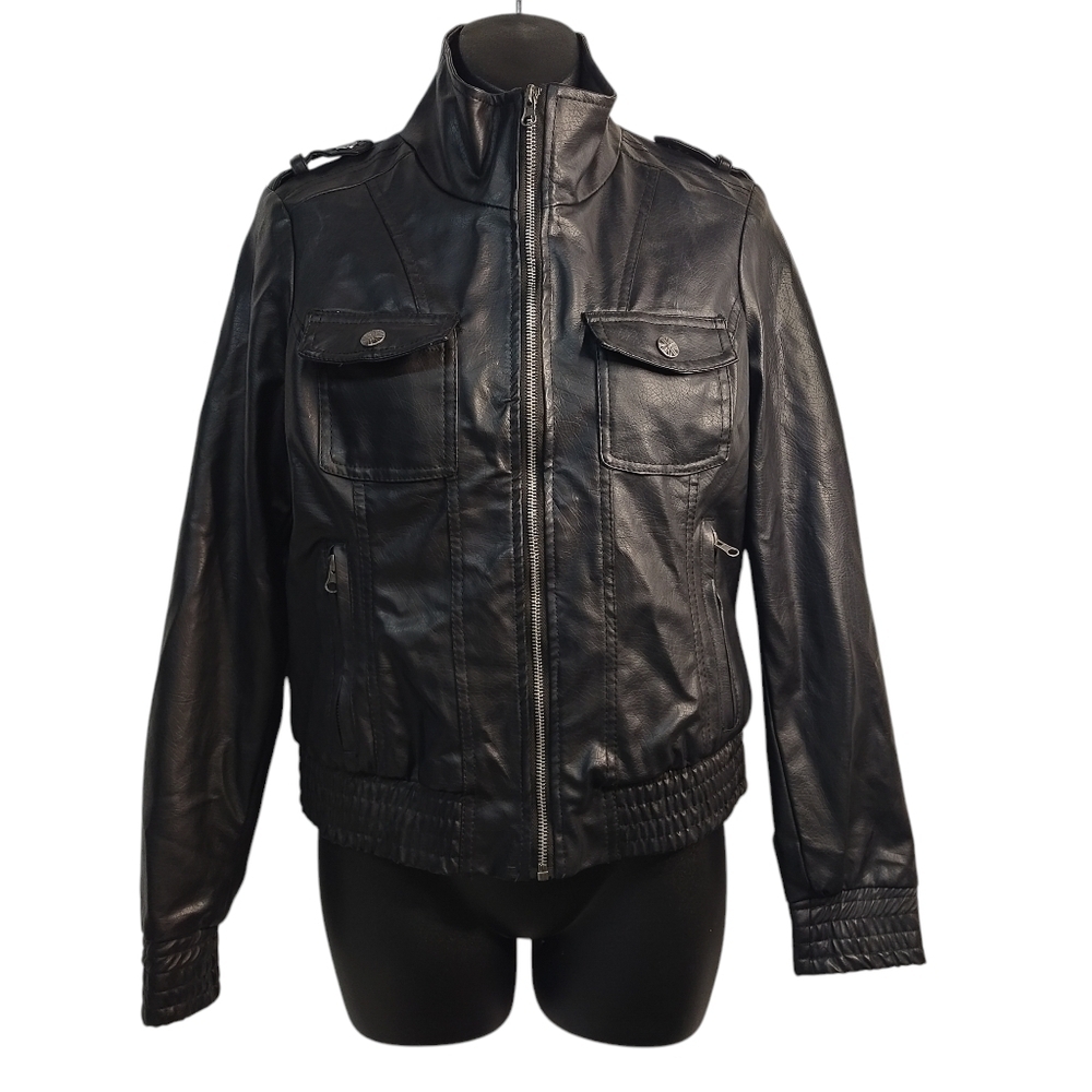 Miss London Women's Black Faux Leather Bomber/Biker Jacket Size M
